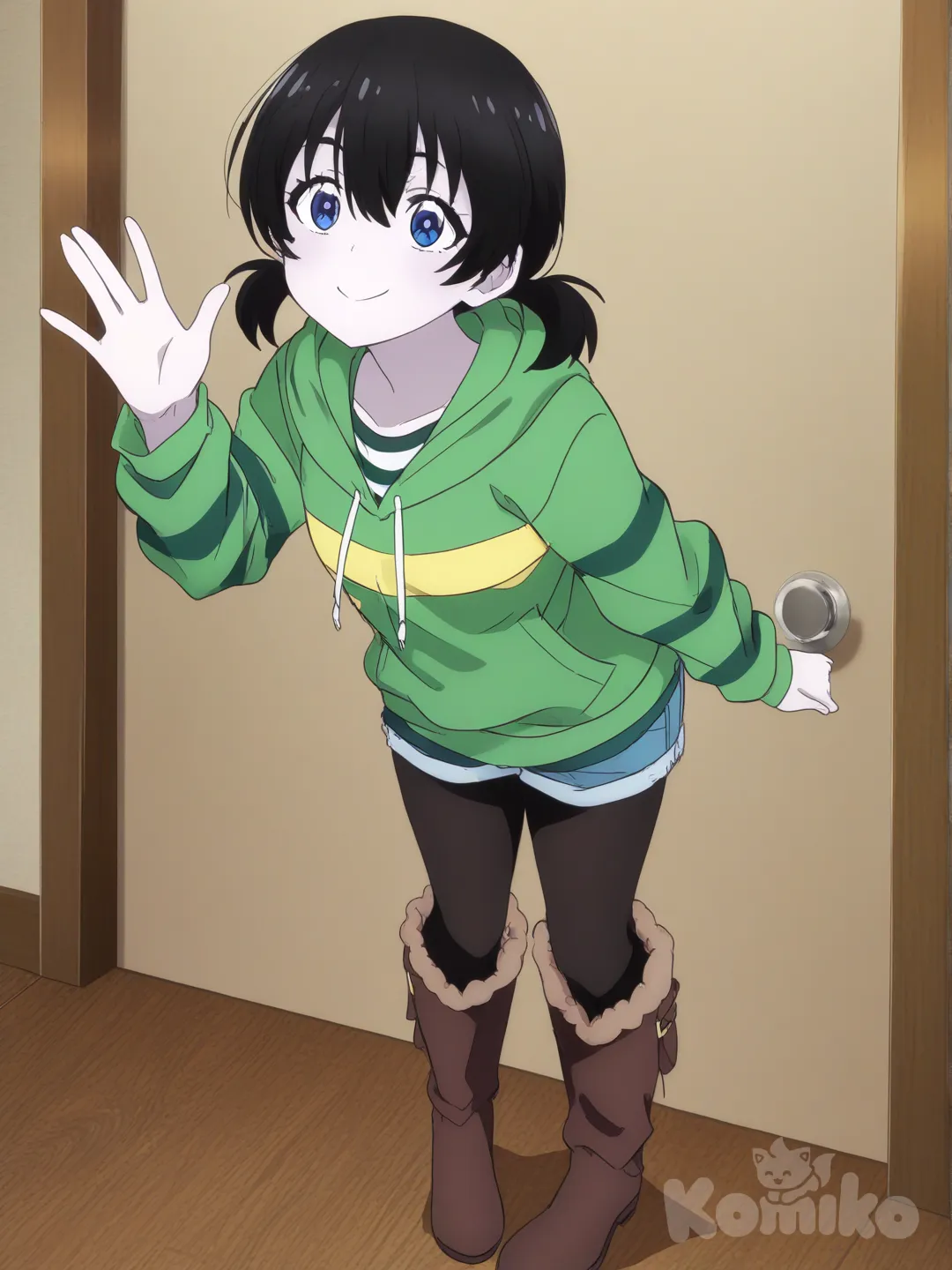 She haves pale skin, blue eyes, black short hair, she haves long pigtails. She wears a bright green zip-up hoodie worn over a white and green striped T-shirt with a graphic design on the front. It’s paired with rolled-up denim shorts layered over black leggings with brown fluffy boots [pop-anime-style] [My-Hero-Academia-Style], waving, smile