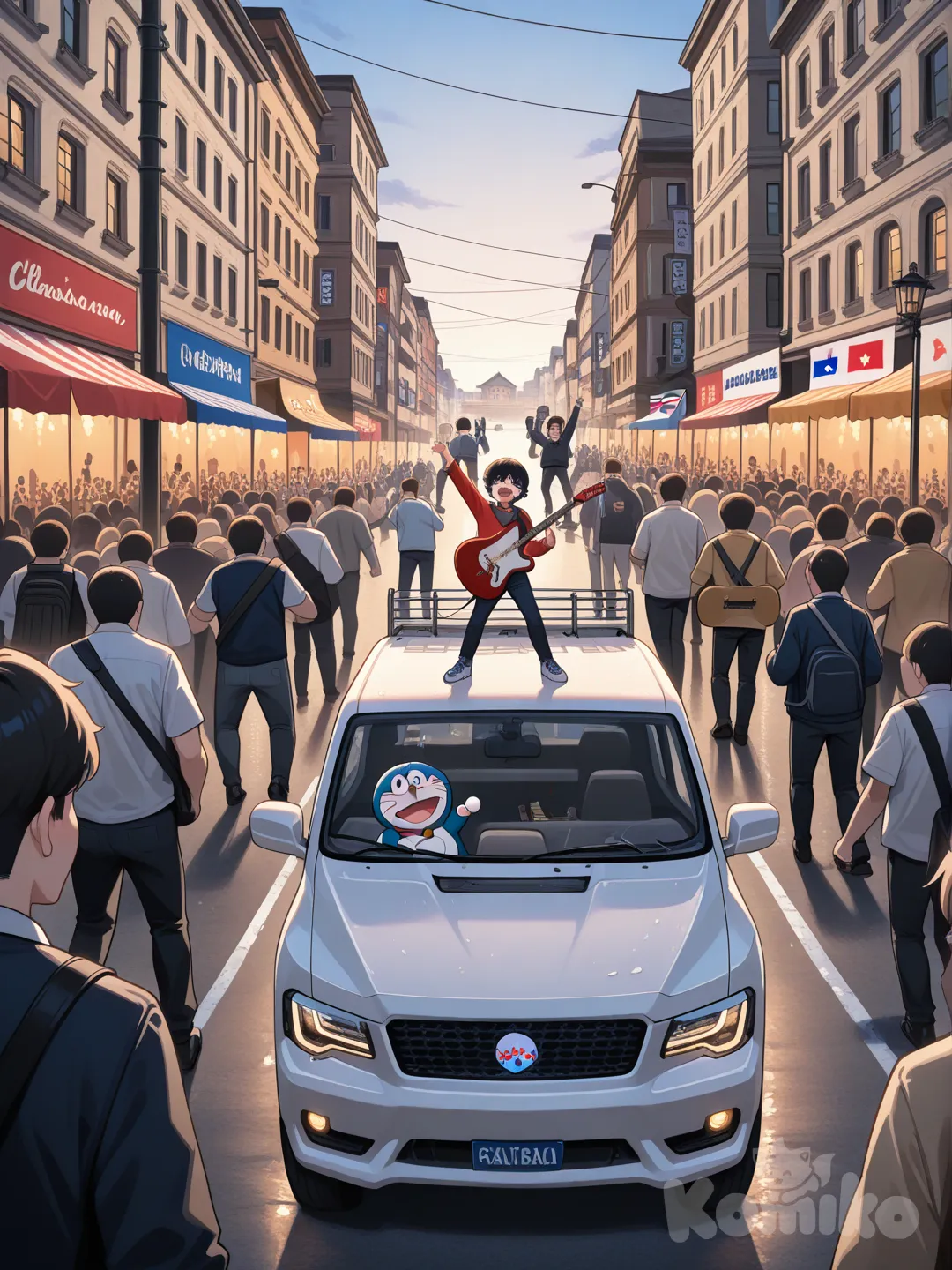 Doraemon tocando una guitarra electrica de color crema modelo Stratocaster. Está tocando con su banda de cumbia sobre el acople de un camión a la mitad de una calle