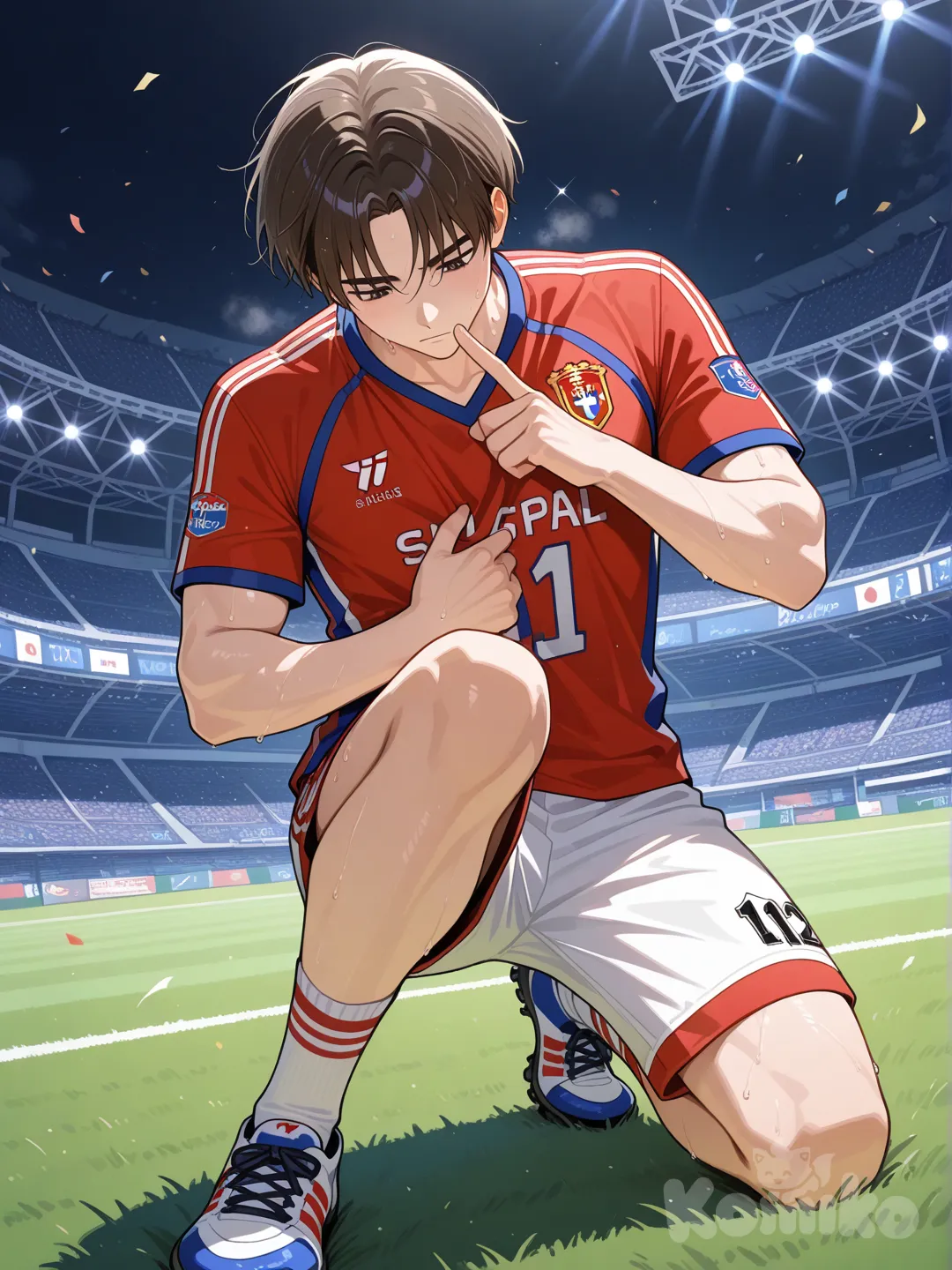 El matador Marcelo Salas celebrando con una rodilla en el suelo una mano agarrando su camiseta chilena a la altura del pecho, la otra mano hacia arriba con un dedo apuntando el cielo y su cabeza hacia abajo. Su camiseta roja con el número 11 en la espalda.