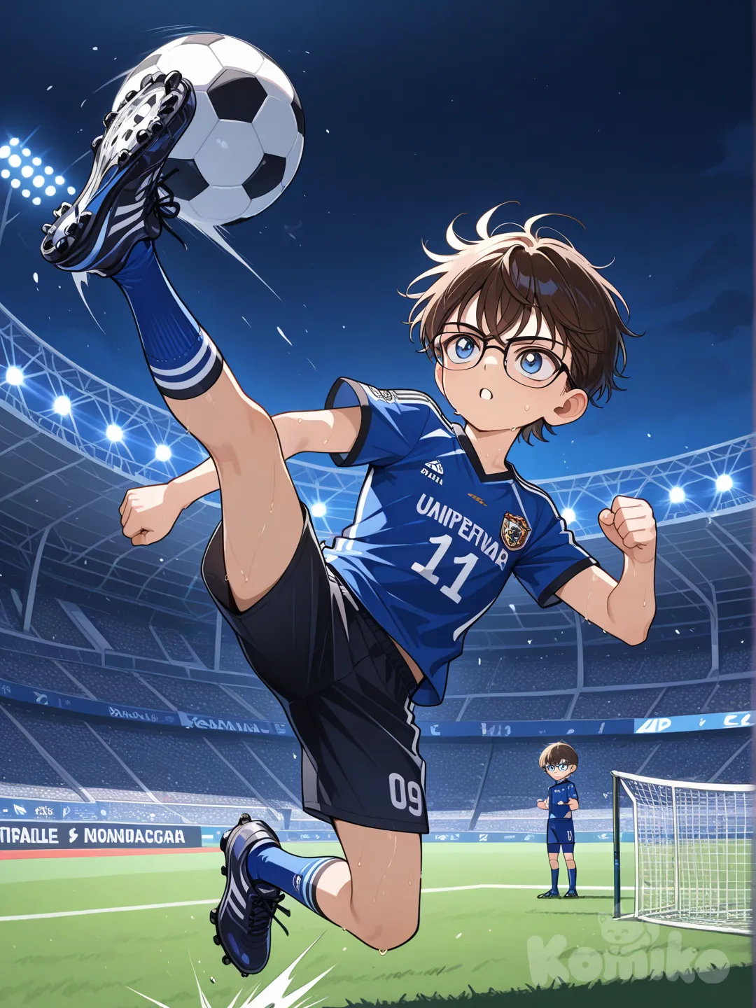 El detective conan pateando un penal