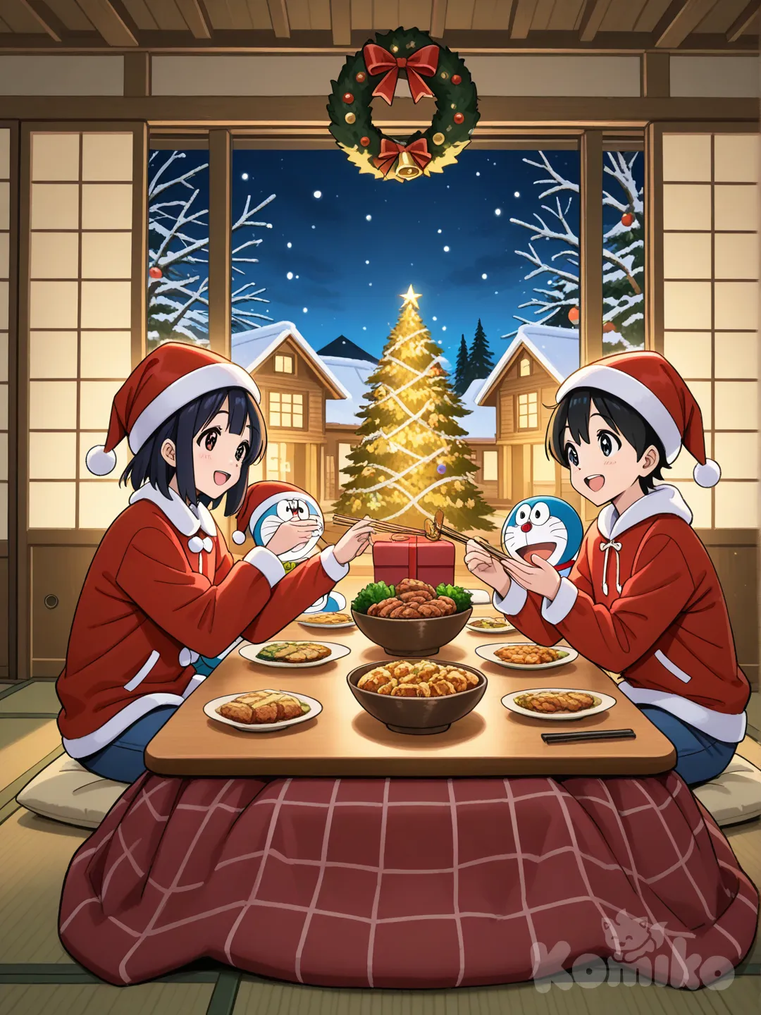 #KomikoChristmas, Genera una imagen de la casa de novita de la serie Doraemon. Están cenando en navidad con la casa decorada con adornos navideños. Doraemon está con el gorro de Santa Claus sacando regalos de su bolsillo mágico para todos.