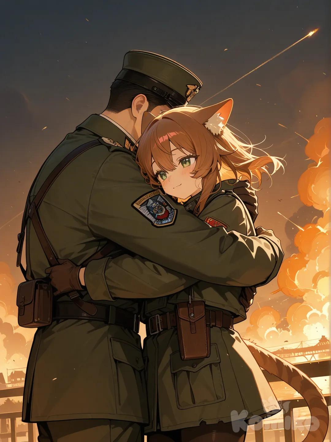 Un gato militar y un perro militar de diferentes países en plena guerra se abrazan entre humo y explosiones