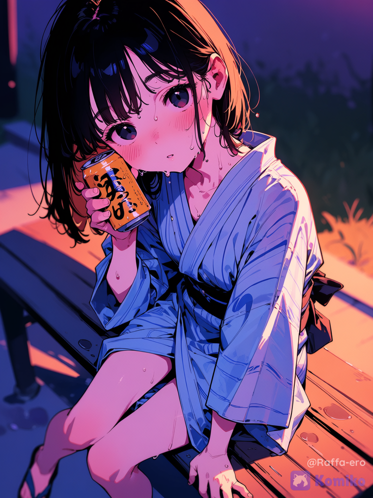 A stunning digital illustration capturing a slender Japanese woman sitting on a park bench at dusk. The composition features a full-body view from a front-facing angle, prominently highlighting her figure. She is depicted pressing a chilled canned drink against her flushed cheek to cool it down. The piece is characterized by a contemporary style that emphasizes a sense of refreshing coolness—typical of a summer evening—alongside a focus on texture and delicate line work. Her features are realistic, complemented by a petite bust, long slender legs, and fair skin set against a light kimono (yukata). Details include condensation dripping from the can onto her skin, glistening sweat, cheeks flushed a soft pink, and dewy, unfocused eyes. The image makes a striking impression through the strong contrast between warm-toned lighting coming from off-screen and deep, rich purple-blue shadows. It is a high-quality digital painting featuring a softly blurred background and a shallow depth of field.