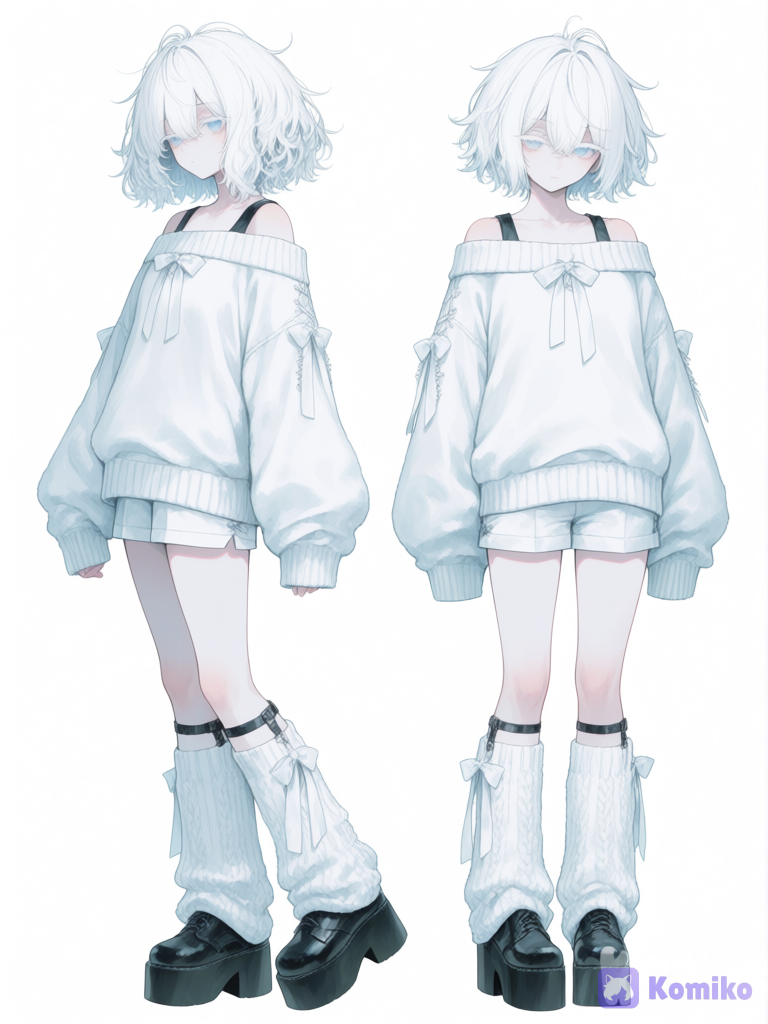 1girl, expressionless, [sweet-pastel-style], 1girl, mature, petite, white hair, short hair, uneven hair, choppy hair, light blue eyes, pale skin, white eyelashes, white sweater, white shorts, off-shoulder sweater, wool sweater, long white socks, platform shoes, ivory white, messy hair, knee-high socks, white bow, clean background, headshot