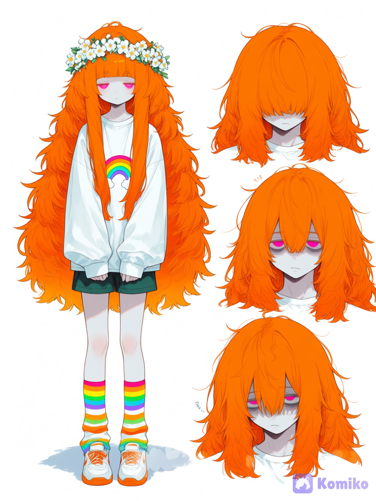 1boy, standing, full body, headshot, depressed, shorts, long socks, striped socks, zakkum flower crown, orange hair, long layered hair, hair covering forehead, fluffy hair, long hair, neon pink eyes, rainbow, orange color, clean background, very tired eyes, sleepless eyes, [sweet-pastel-style], light skin, one full body and one headshot drawing