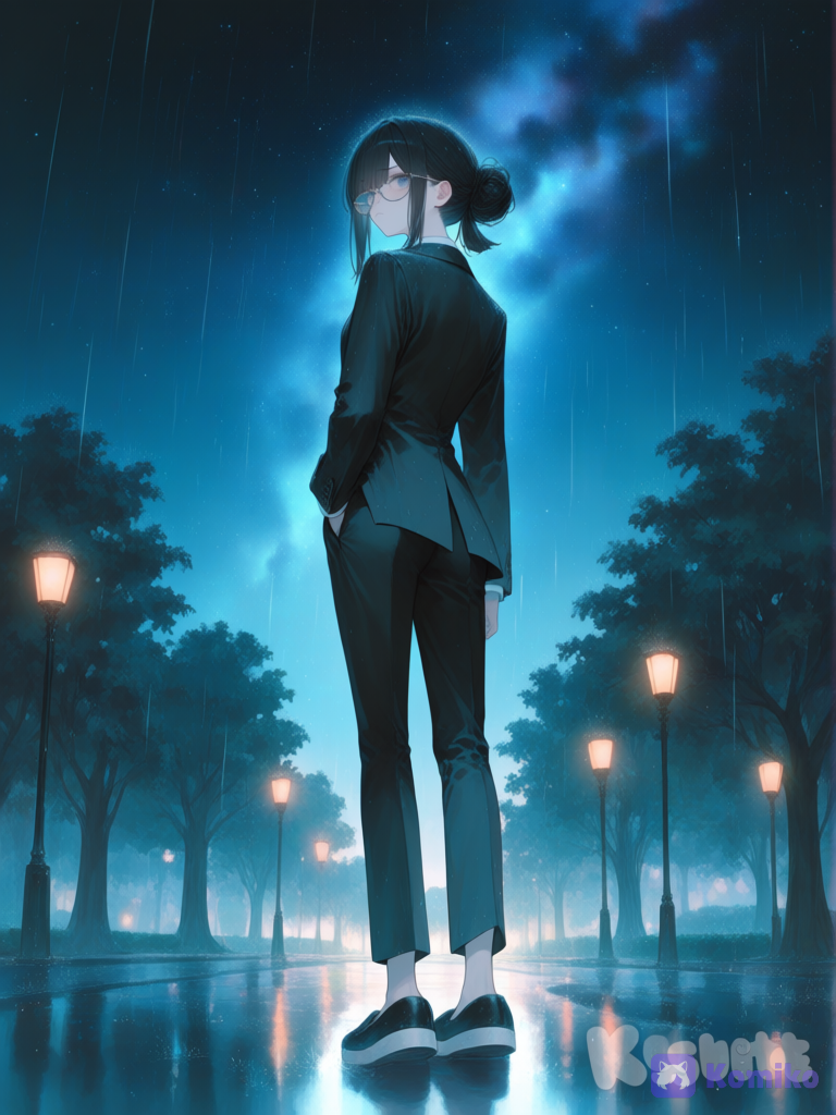 1girl, looking back, frown, suit, glasses, black hair, bun, slip-on shoes, charcoal black, full body, cinematic lighting, park, rainy, night, ethereal lighting, starry sky, [sweet-pastel-style]