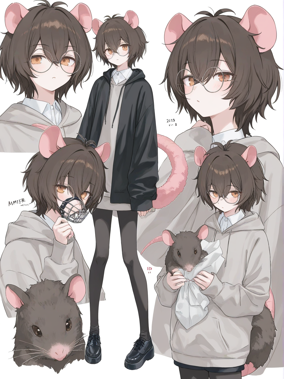 [soft-pastel-style]cute, anthropomorphic, rat, slim build, petite, androgynous, fluffy fur, gray-brown fur, cream muzzle, large pink ears, long thin pink tail, messy hair, dark brown hair, amber eyes, round glasses, expressive face, curious expression, single character, full body, looking at viewer, anime style, simple background, white background