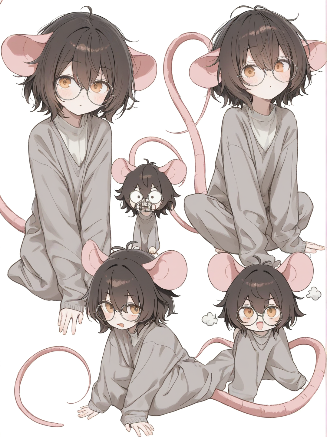 [soft-pastel-style]androgynous, cute, anthropomorphic, rat, slim, petite, fluffy fur, gray-brown fur, cream muzzle, large ears, pink ears, long tail, thin tail, pink tail, messy hair, dark brown hair, amber eyes, round glasses, expressive face, curious expression, single character, full body, looking at viewer, anime style, simple background, white background