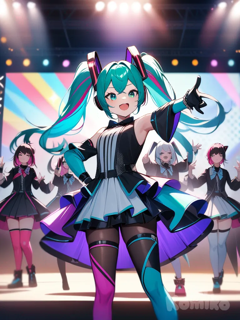 Hatsune Miku, aespa, k pop group, virtual idol, vocaloid, colorful hair, futuristic outfit, stage performance, digital art, energetic atmosphere
