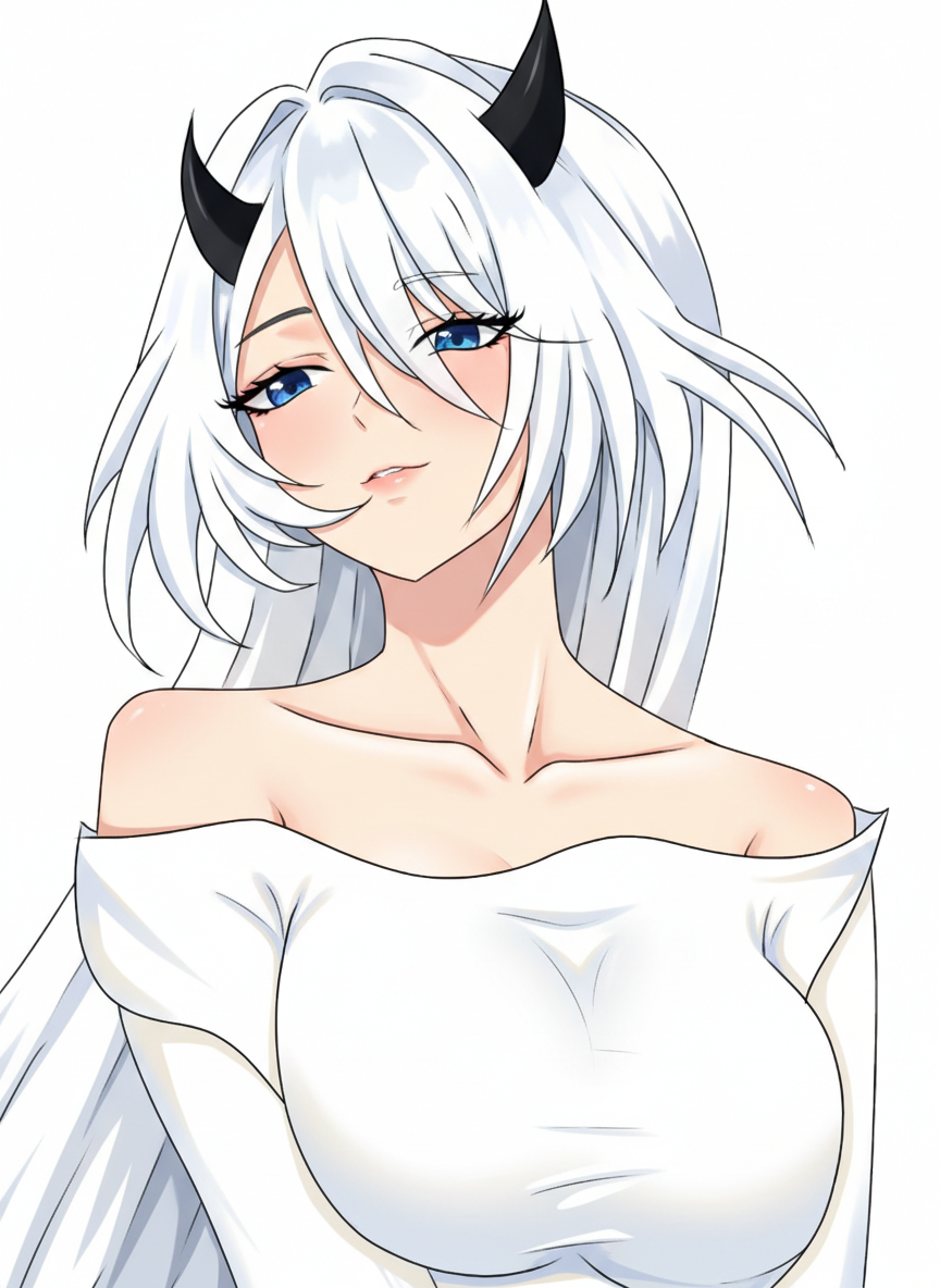 เขาสีดำ ผมสีขาวตาสีฟ้า ชุดสีขาว