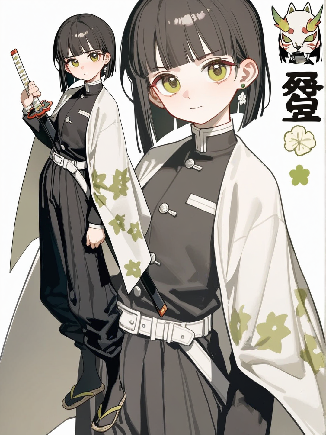 [lacquered-illustration-style]1girl, demon slayer style, demon hunter, teenager, tall, athletic, slim, thin wrists, pale skin, black hair, straight hair, long bob, blunt bangs, green eyes, kind expression, white flower earrings, white cloak, black wide pants, tapered pants, wooden sandals, holding sword, black and white sword, white fox mask, sakura pattern, single character, full body, looking at viewer, anime style, simple background, white background