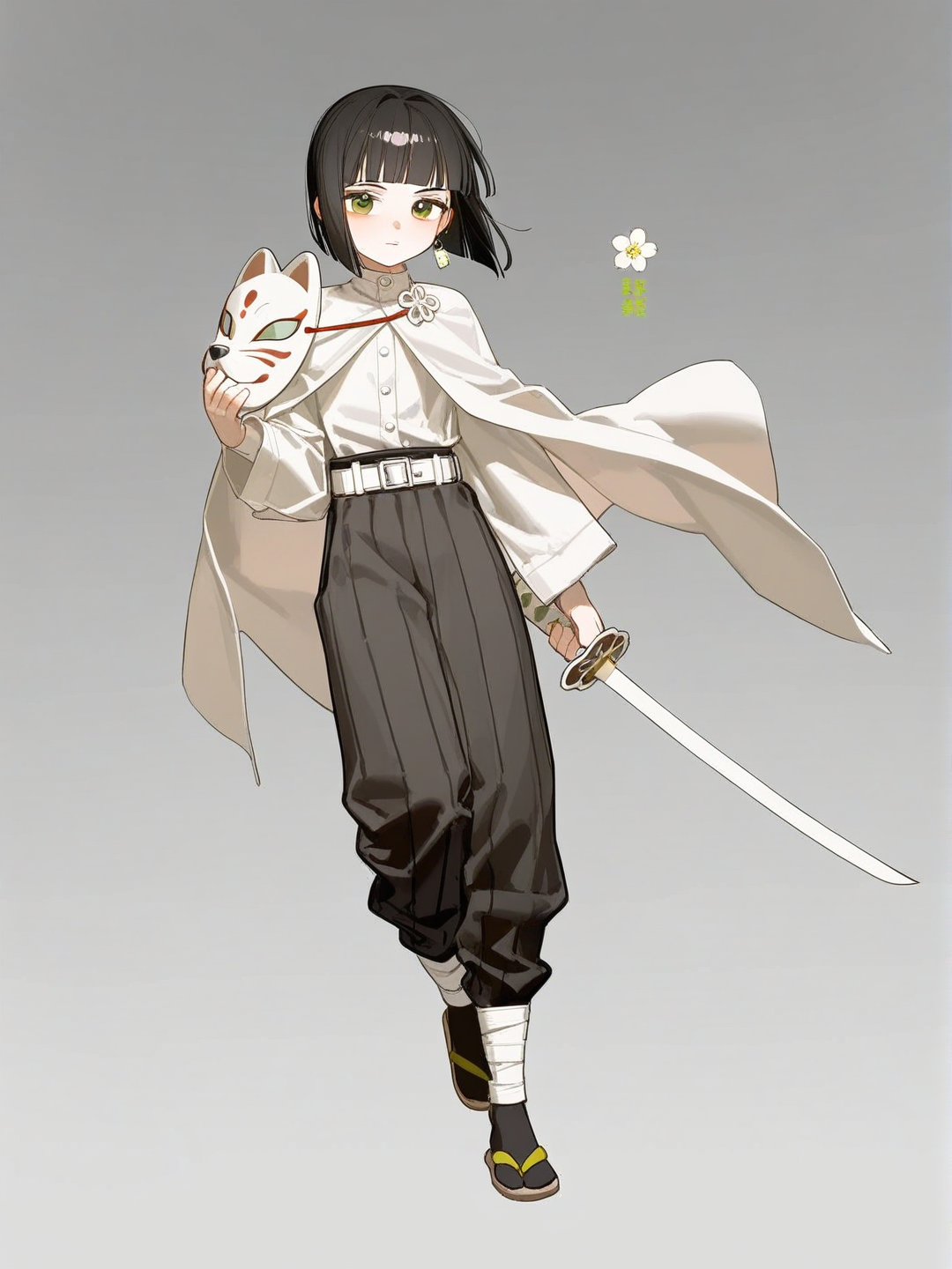[lacquered-illustration-style]1girl, demon slayer style, demon hunter, teenager, tall, athletic, slim, thin wrists, pale skin, black hair, straight hair, long bob, blunt bangs, green eyes, kind expression, white flower earrings, white cloak, black wide pants, tapered pants, wooden sandals, holding sword, black and white sword, white fox mask, sakura pattern, single character, full body, looking at viewer, anime style, simple background, white background