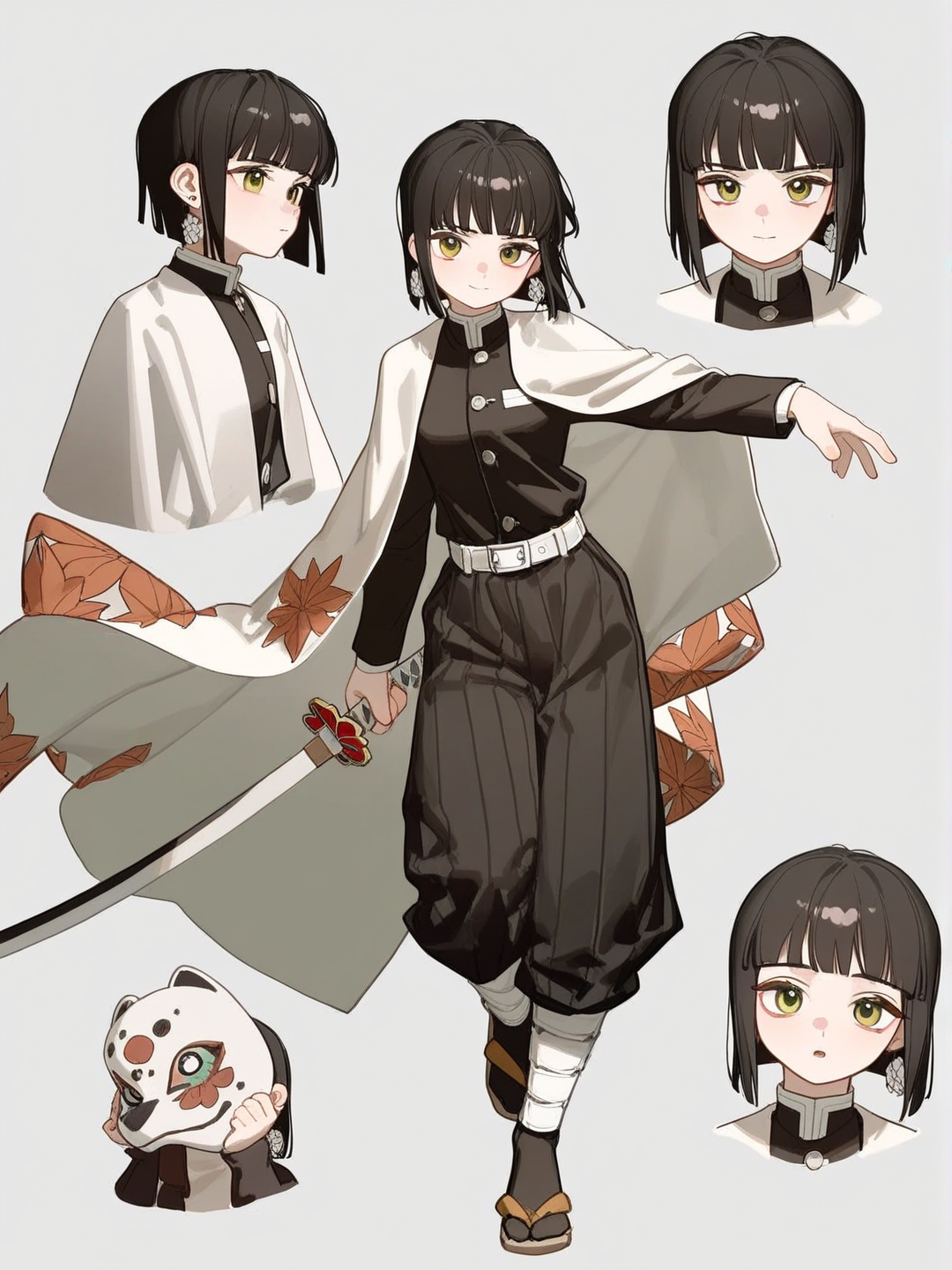 [lacquered-illustration-style]1girl, demon slayer style, demon hunter, teenager, tall, athletic, slim, thin wrists, pale skin, black hair, straight hair, long bob, blunt bangs, green eyes, kind expression, white flower earrings, white cloak, black wide pants, tapered pants, wooden sandals, holding sword, black and white sword, white fox mask, sakura pattern, single character, full body, looking at viewer, anime style, simple background, white background