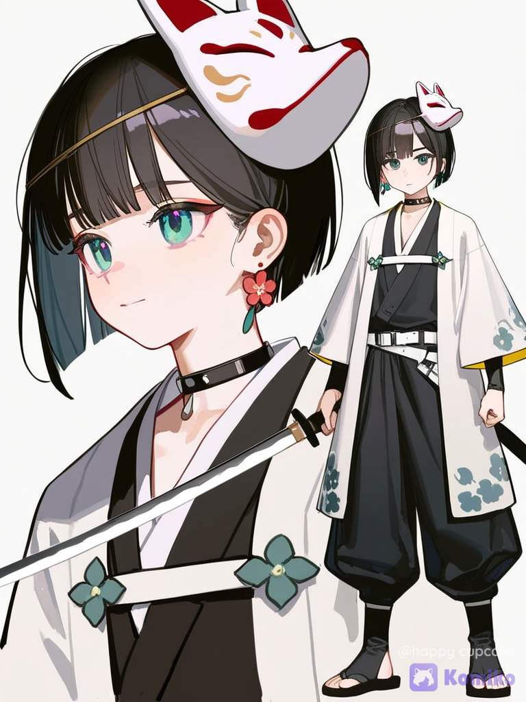 [lacquered-illustration-style], @haruka-haruka-iggT, 1girl, falling, kimono top
Девушка в стиле аниме "клинок рассекающий демонов ". Она является охотников на демонов. У неё чёрные прямые волосы, удлинённый карэ с короткой прямой чёлкой. Глаза зелёные. Взгляд добрый и глубокий. На ее ушах небольшие серьги в виде белых цветков. Она одета белый плащ и чёрные широкие штаны суженные снизу. На ногах у нее деревянные сандалии. Её тело худое и атлетическое, тонкие запястья. В руках она держит черно белый клинок. На ее голове белая маска лисы с чёрным глазами и с рисунком в виде цветков сакуры.