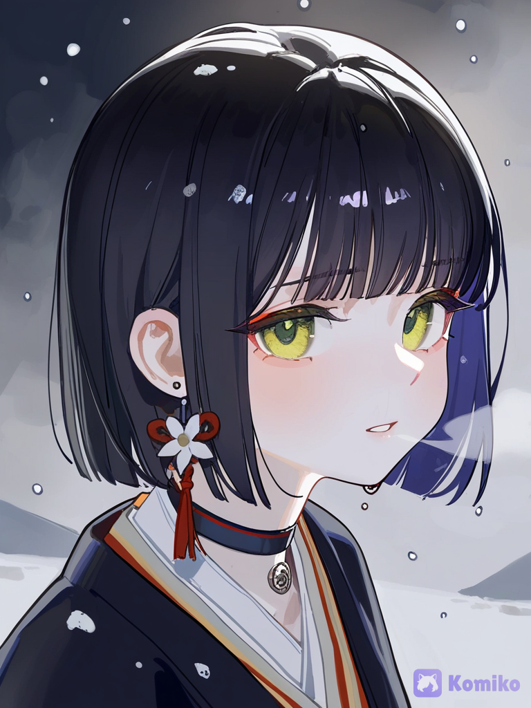 1girl, solo, looking at viewer, short hair, straight hair, black hair, blunt bangs, bob cut, green eyes, pale skin, earring, flower earring, white flower earring, hanafuda earring, necklace, choker, kimono top, snowy, snow, snowflakes, falling snow, winter, watercolor style, painterly, visible brushstrokes, soft gradients, delicate linework, cool shadows, bluish shadows, purplish shadows, soft highlights, luminous highlights, parted lips, wide eyes, breath, cold, winter landscape, traditional clothing, japanese clothes, atmospheric, [lacquered-illustration-style], depressed