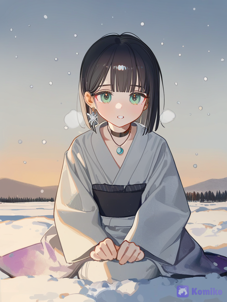 1girl, solo, short hair, straight hair, black hair, blunt bangs, bob cut, green eyes, pale skin, earring, flower earring, white flower earring, hanafuda earring, necklace, choker, kimono top, snowy, snow, snowflakes, falling snow, winter, watercolor style, painterly, visible brushstrokes, soft gradients, delicate linework, cool shadows, bluish shadows, purplish shadows, soft highlights, luminous highlights, parted lips, wide eyes, breath, cold, winter landscape, traditional clothing, japanese clothes, atmospheric, melancholy, lonely, solemn expression, sad eyes, hiroshi nagai influence, wet paint texture, ink bleed, paper texture, [lacquered-illustration-style], sitting on the ground