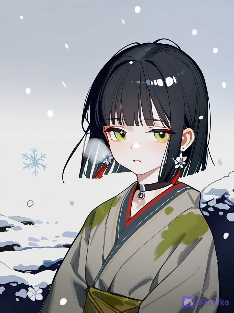 1girl, solo, short hair, straight hair, black hair, blunt bangs, bob cut, green eyes, pale skin, earring, flower earring, white flower earring, hanafuda earring, necklace, choker, kimono top, snowy, snow, snowflakes, falling snow, winter, watercolor style, painterly, visible brushstrokes, soft gradients, delicate linework, cool shadows, bluish shadows, purplish shadows, soft highlights, luminous highlights, parted lips, wide eyes, breath, cold, winter landscape, traditional clothing, japanese clothes, atmospheric, melancholy, lonely, solemn expression, sad eyes, hiroshi nagai influence, wet paint texture, ink bleed, paper texture, [lacquered-illustration-style], sitting on the ground