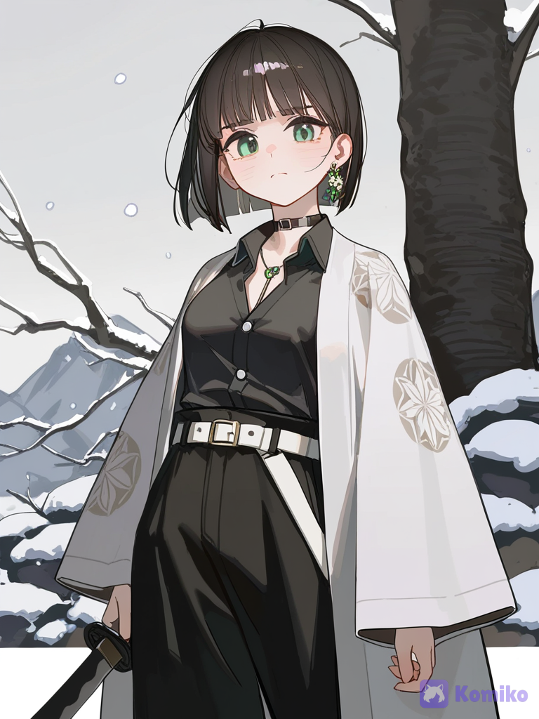 [lacquered-illustration-style], 1girl, @haruka-haruka-iggT, holding sword, frown, snowy