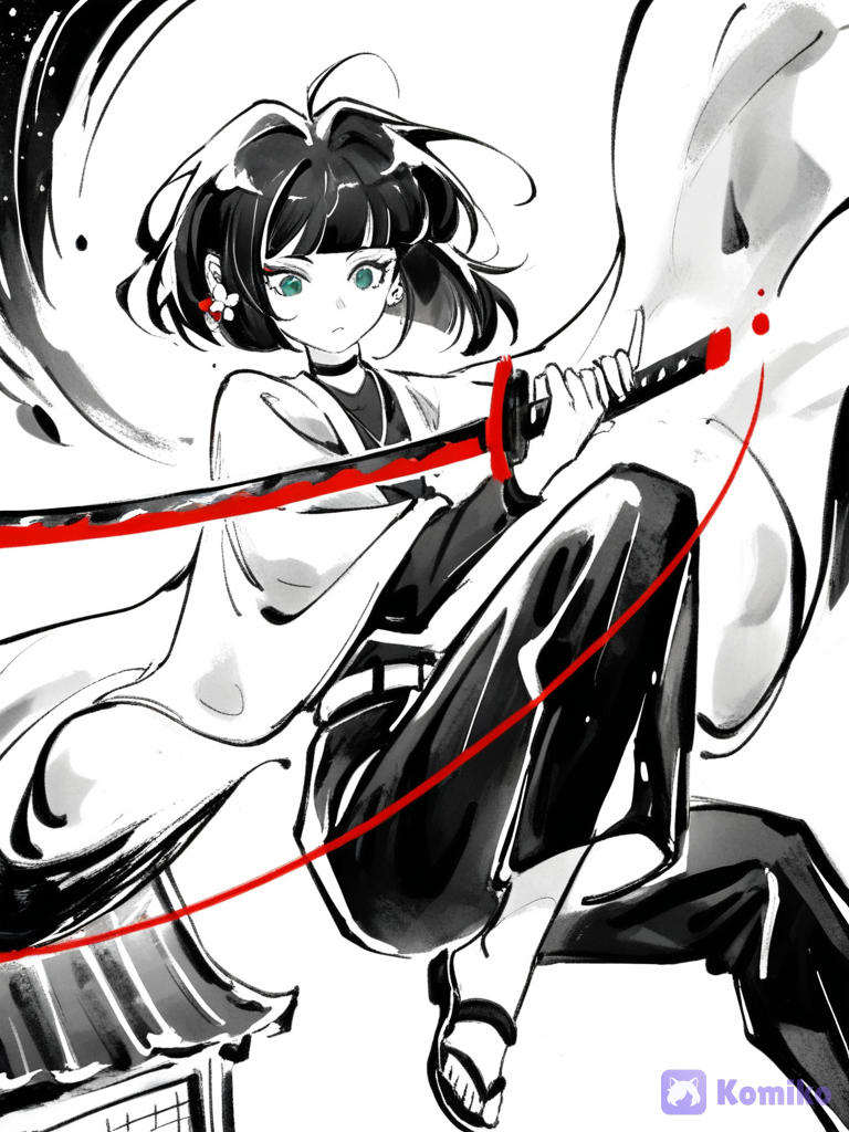 [ink-scarlet-style], 1girl, @haruka-haruka-iggT, jumping from rooftop, sword, starry sky