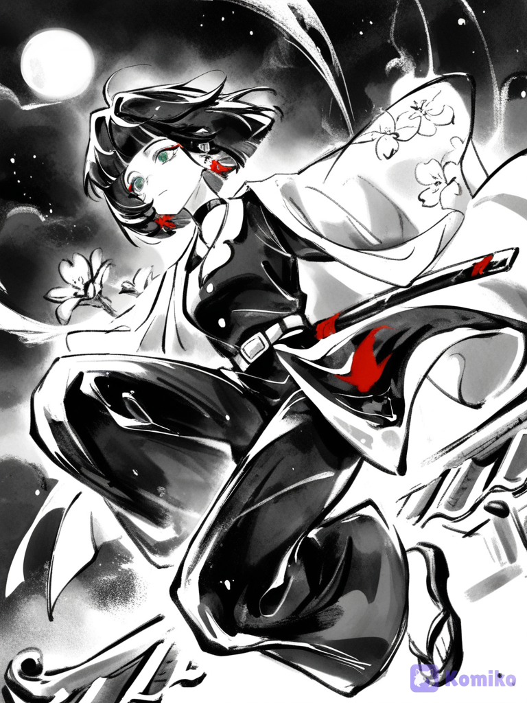 [ink-scarlet-style], 1girl, @haruka-haruka-iggT, jumping from rooftop, sword, starry sky