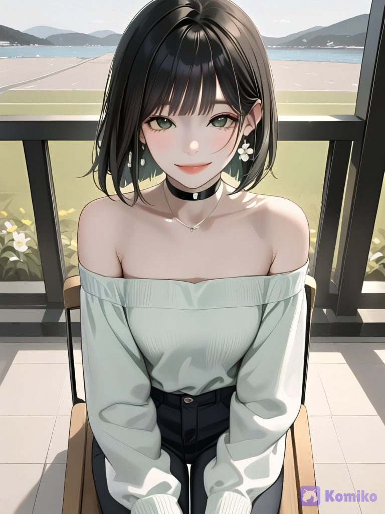 [luminous-k-portrait-style], 1girl, @haruka-haruka-iggT, sitting on a chair, smile, off-shoulder sweater, slim-fit pants, high-top sneakers, balcony