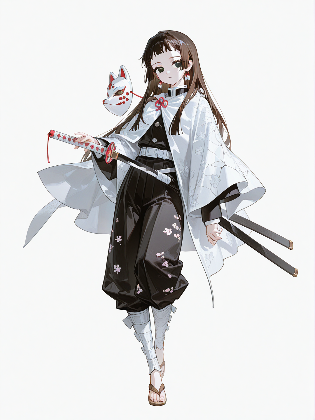 [high-gloss-illustration-style]1girl, kimetsu no yaiba, demon slayer, teenager, slim athletic body, thin wrists, pale skin, straight brown hair, hime cut, short bangs, green eyes, kind eyes, small white flower earrings, white fox mask, black eyes on mask, sakura flower pattern on mask, white cloak, black baggy pants, tapered pants, wooden sandals, holding weapon, black and white sword, single character, full body, looking at viewer, anime style, simple background, white background