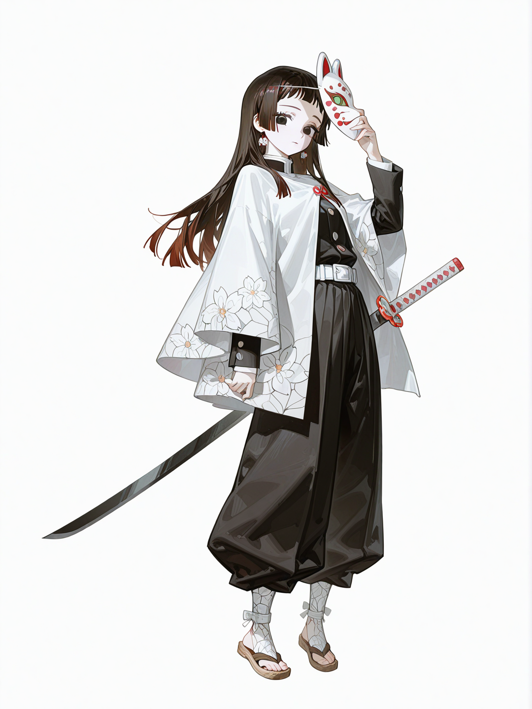 [high-gloss-illustration-style]1girl, kimetsu no yaiba, demon slayer, teenager, slim athletic body, thin wrists, pale skin, straight brown hair, hime cut, short bangs, green eyes, kind eyes, small white flower earrings, white fox mask, black eyes on mask, sakura flower pattern on mask, white cloak, black baggy pants, tapered pants, wooden sandals, holding weapon, black and white sword, single character, full body, looking at viewer, anime style, simple background, white background