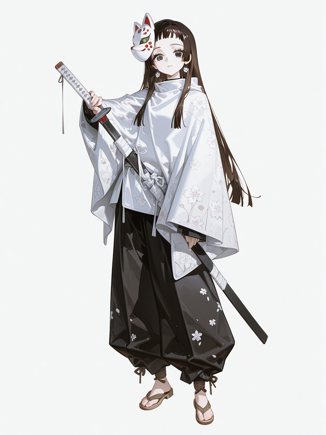 [high-gloss-illustration-style]1girl, kimetsu no yaiba, demon slayer, teenager, slim athletic body, thin wrists, pale skin, straight brown hair, hime cut, short bangs, green eyes, kind eyes, small white flower earrings, white fox mask, black eyes on mask, sakura flower pattern on mask, white cloak, black baggy pants, tapered pants, wooden sandals, holding weapon, black and white sword, single character, full body, looking at viewer, anime style, simple background, white background