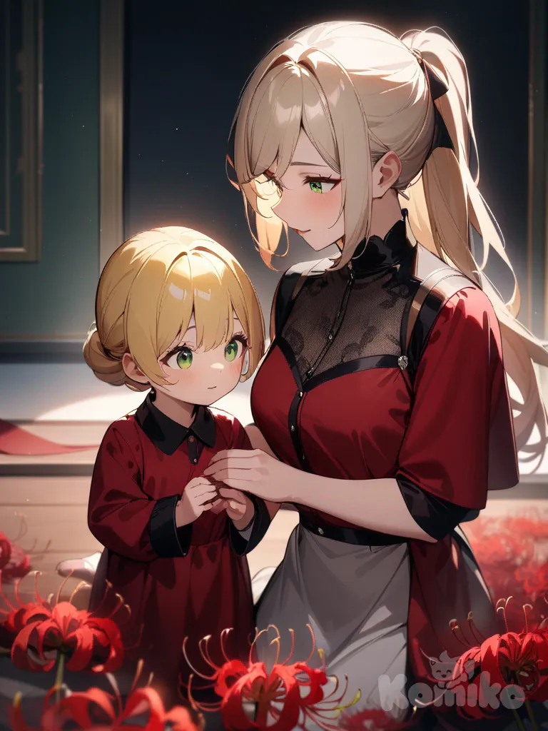 2 girls, mature female, red hair, long ponytail, green eyes, flat chest, kneeling next to child, child, blonde hair, red dress, spider lily