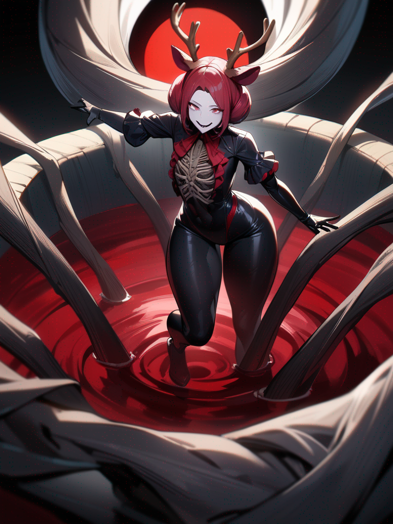 1girl, tall female, red hair in a bun, antlers, bones, black gloves, blood