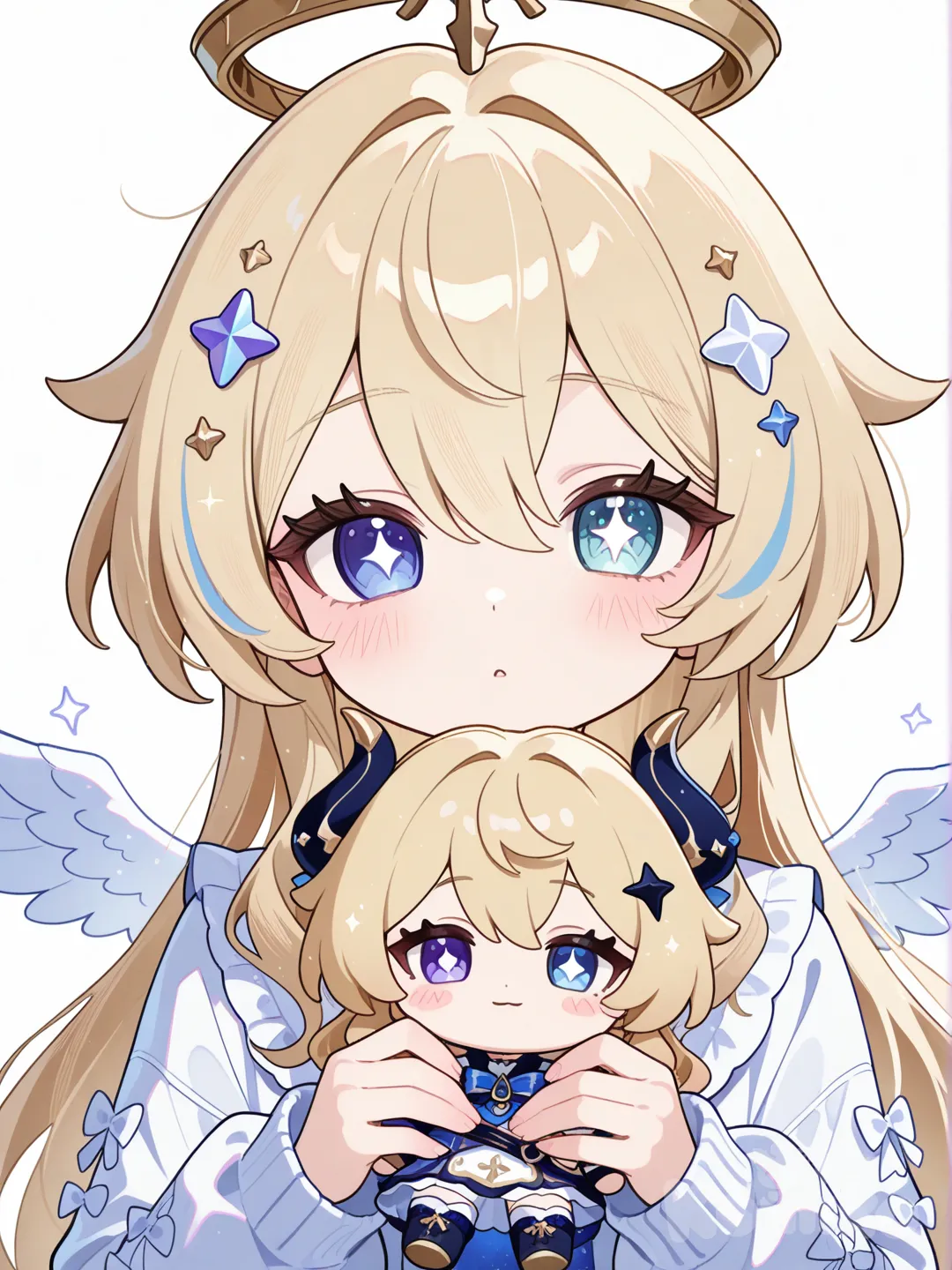 genshin impact, doll, angel and devil, star hair ornament, star-shaped pupils, mechanical halo, stuffed toy, blonde hair