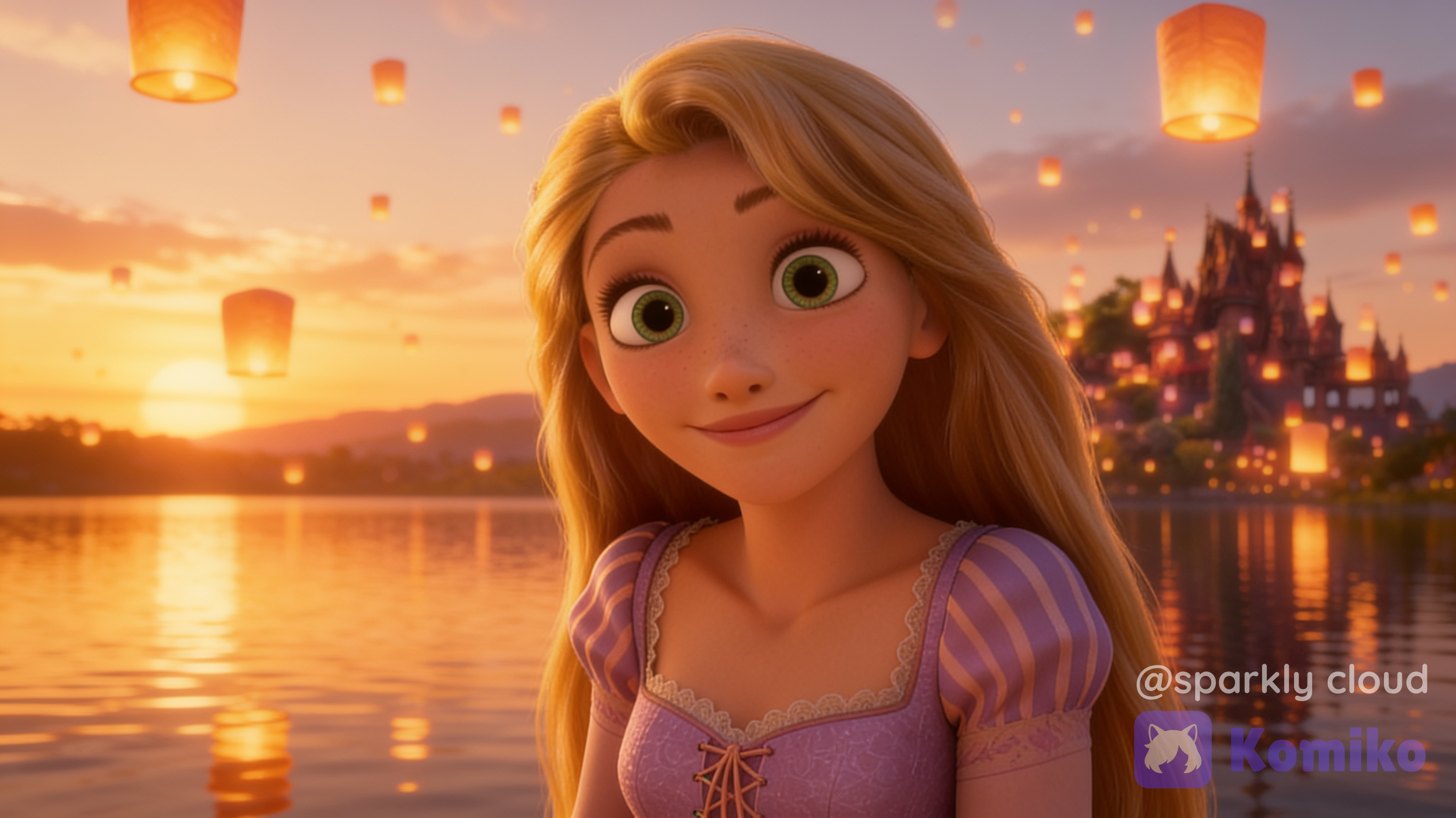 Using the provided reference images, create a faithful upper-body portrait of Rapunzel from Disney's Tangled. Rapunzel is positioned close to the camera, facing slightly toward the viewer with a gentle, warm, and dreamy expression. She perfectly matches her original appearance from the film, including her facial features, proportions, long golden hair, iconic lavender dress, and overall Disney animation style. Rendered as an authentic, high-end Disney/Pixar 3D movie frame with exceptional realism, premium materials, lifelike skin shading, individually hair strands, intricate fabric textures, and vibrant yet natural colors. The background recreates the iconic lantern scene from the movie at sunset, featuring the peaceful lake, the distant kingdom castle, countless floating lanterns illuminating the sky and reflecting on the water, all beautifully transformed into a very soft cinematic bokeh with a strong shallow depth of field. The background should remain recognizable but heavily blurred, keeping Rapunzel as the sole point of focus. Soft golden-hour lighting combined with the warm glow of the floating lanterns creates a magical cinematic atmosphere. Ultra-clean composition, crystal-clear focus on Rapunzel, movie-quality rendering, level of detail, 8K resolution, HDR, 16:9 aspect ratio. Match the official Disney Tangled visual style exactly, with no reinterpretation, no anime influence, no realistic human adaptation, preserving the original facial proportions, expressions, color palette, and rendering quality from the film.