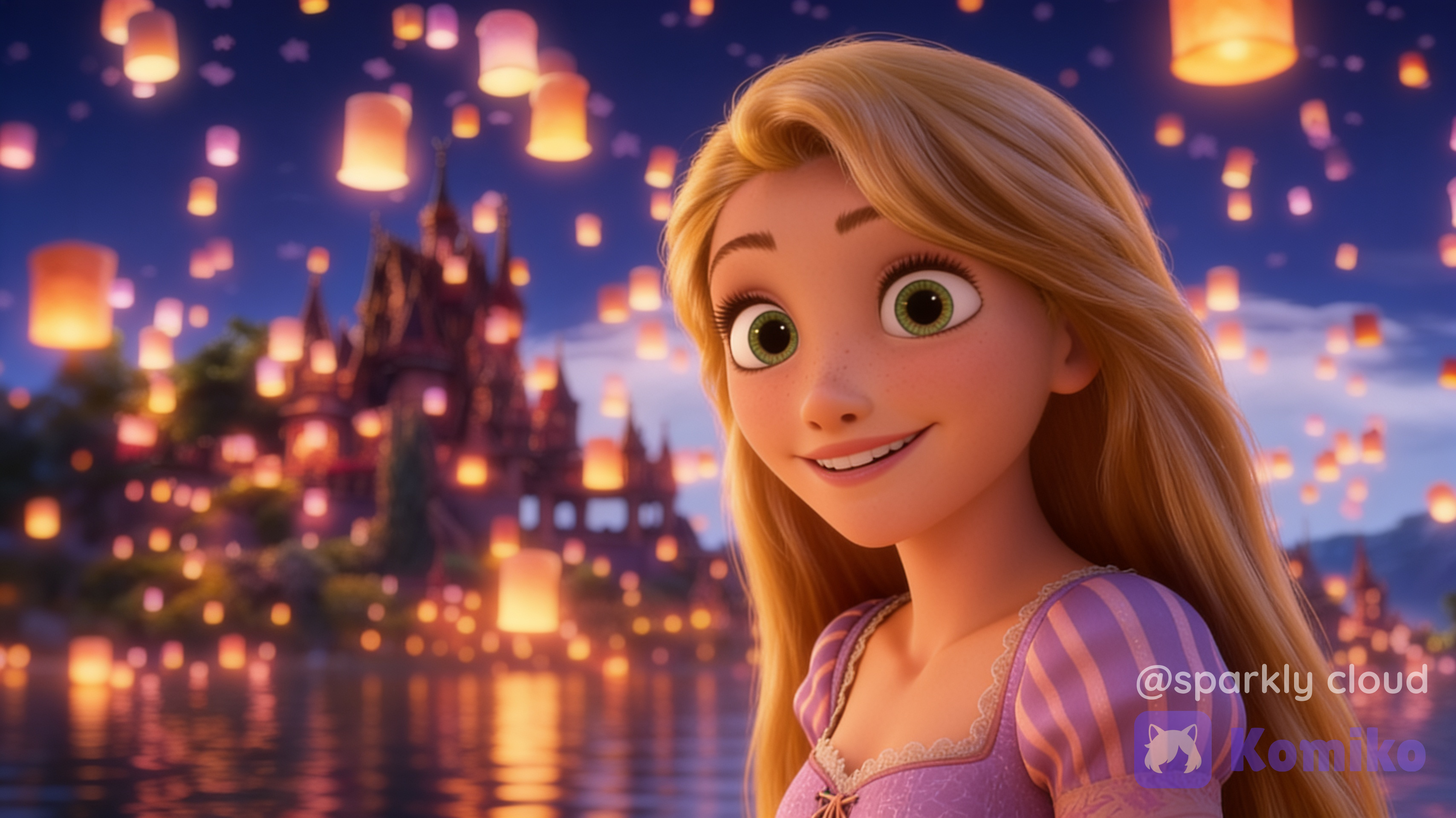 Using the provided reference images, create a faithful upper-body portrait of Rapunzel from Disney's Tangled. Rapunzel is positioned close to the camera, facing slightly toward the viewer with a gentle, warm, and dreamy expression. She perfectly matches her original appearance from the film, including her facial features, proportions, long golden hair, iconic lavender dress, and overall Disney animation style. Rendered as an authentic, high-end Disney/Pixar 3D movie frame with exceptional realism, premium materials, lifelike skin shading, individually hair strands, intricate fabric textures, and vibrant yet natural colors. The background recreates the iconic lantern scene from the movie at sunset, featuring the peaceful lake, the distant kingdom castle, countless floating lanterns illuminating the sky and reflecting on the water, all beautifully transformed into a very soft cinematic bokeh with a strong shallow depth of field. The background should remain recognizable but heavily blurred, keeping Rapunzel as the sole point of focus. Soft golden-hour lighting combined with the warm glow of the floating lanterns creates a magical cinematic atmosphere. Ultra-clean composition, crystal-clear focus on Rapunzel, movie-quality rendering, level of detail, 8K resolution, HDR, 16:9 aspect ratio. Match the official Disney Tangled visual style exactly, with no reinterpretation, no anime influence, no realistic human adaptation, preserving the original facial proportions, expressions, color palette, and rendering quality from the film.