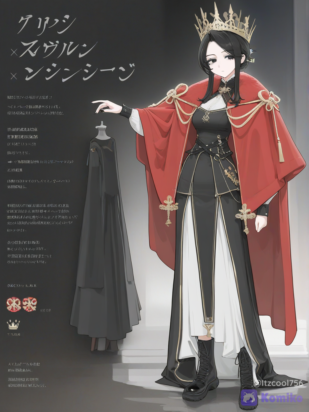[vibrant-anime-style], 1girl, mature, teenager, slim, athletic, tall, black hair, black eyes, fair skin, black long sleeve dress, royal crown, red fur mantle, black combat boots