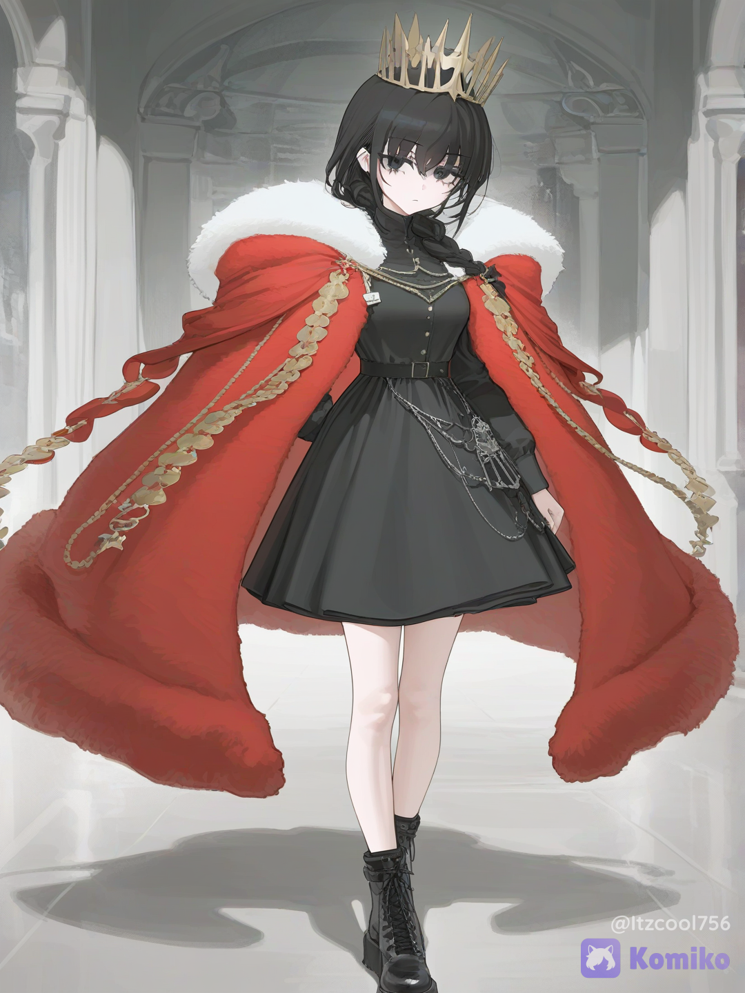 [vibrant-anime-style], 1girl, mature, teenager, slim, athletic, tall, black hair in a long braid, black eyes, fair skin, black long sleeve dress, royal crown, red fur mantle, black combat boots