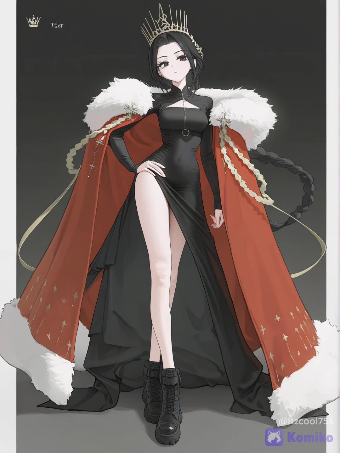 [vibrant-anime-style], 1girl, mature, teenager, slim, athletic, tall, black hair in a long braid, black eyes, fair skin, black long sleeve dress, royal crown, red fur mantle, black combat boots