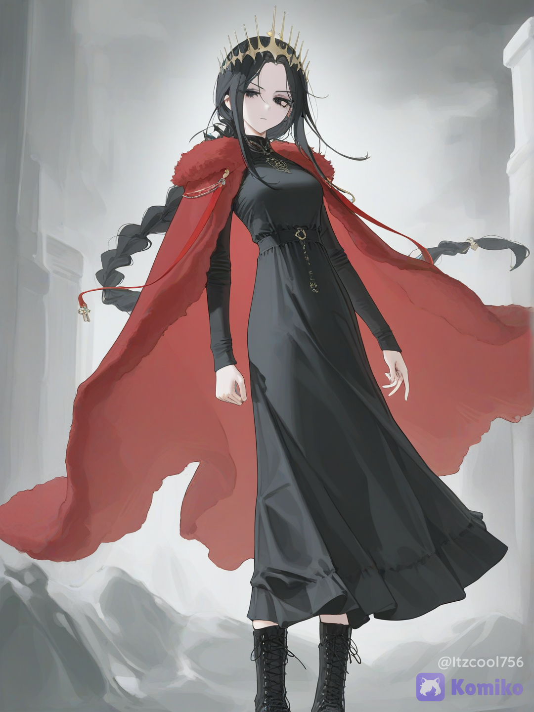 [vibrant-anime-style], 1girl, mature, teenager, slim, athletic, tall, black hair in a long braid, black eyes, fair skin, black long sleeve dress, royal crown, red fur mantle, black combat boots