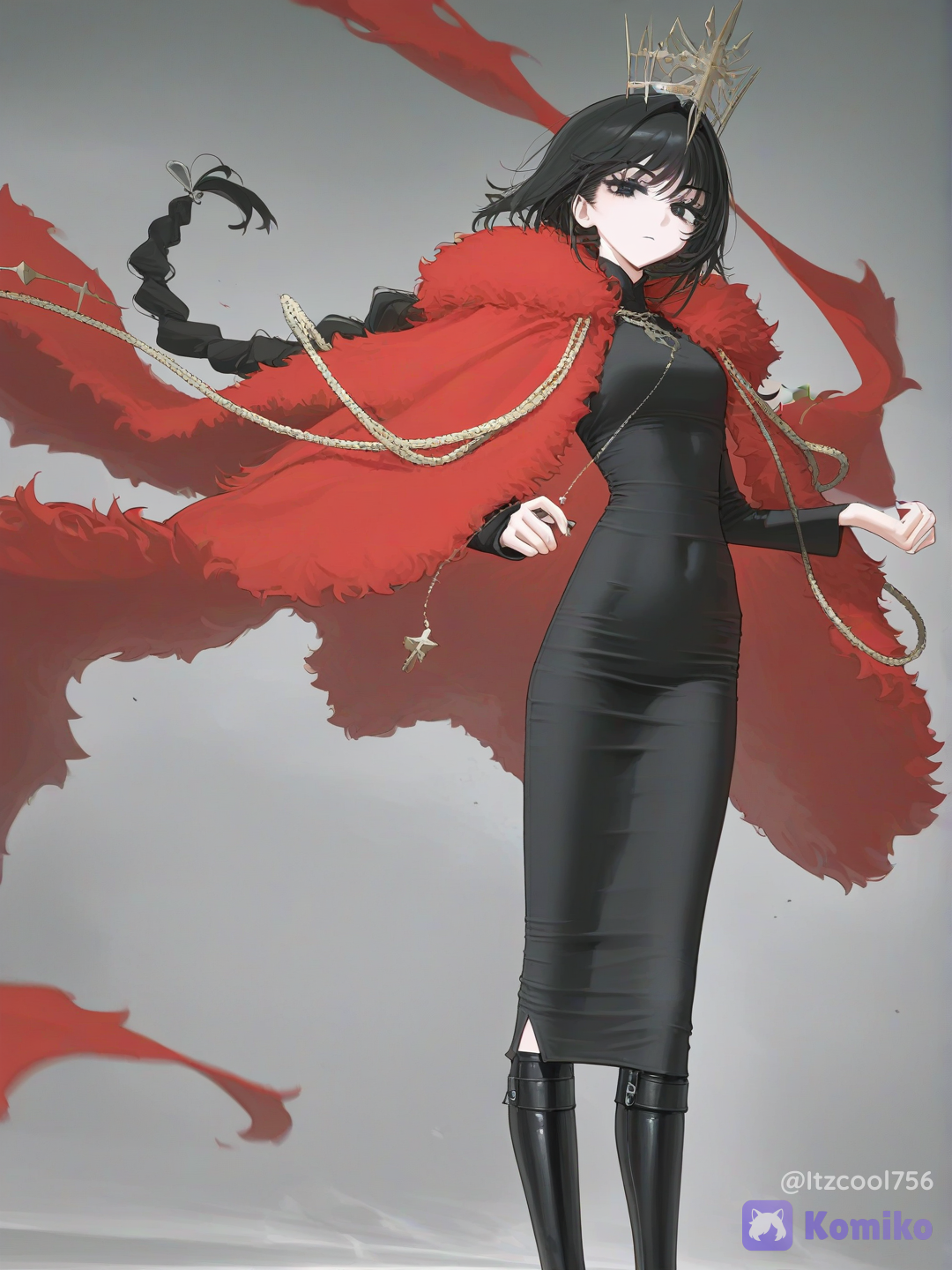 [vibrant-anime-style], 1girl, mature, teenager, slim, athletic, tall, black hair in a long braid, black eyes, fair skin, black long sleeve dress, royal crown, red fur mantle, black combat boots