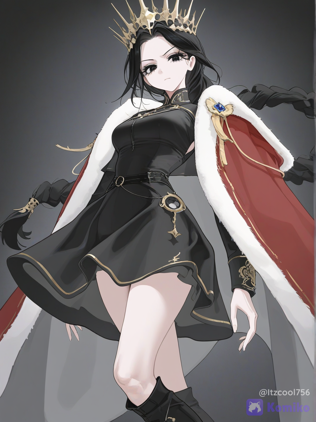 [vibrant-anime-style], 1girl, mature, teenager, slim, athletic, tall, black hair in a long braid, black eyes, fair skin, black long sleeve dress, royal crown, red fur mantle, black combat boots