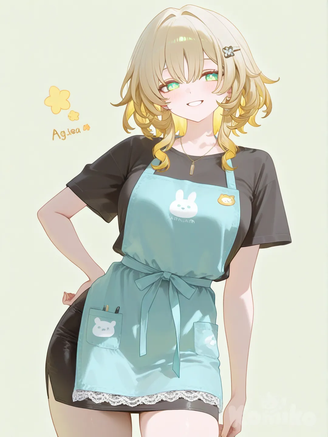 Aglaea_(honkai_star_rail), smile, pencil skirt, t-shirt, apron, lace, hairpin, tie, blonde hair, spiral curls, [sensual-glossy-style]