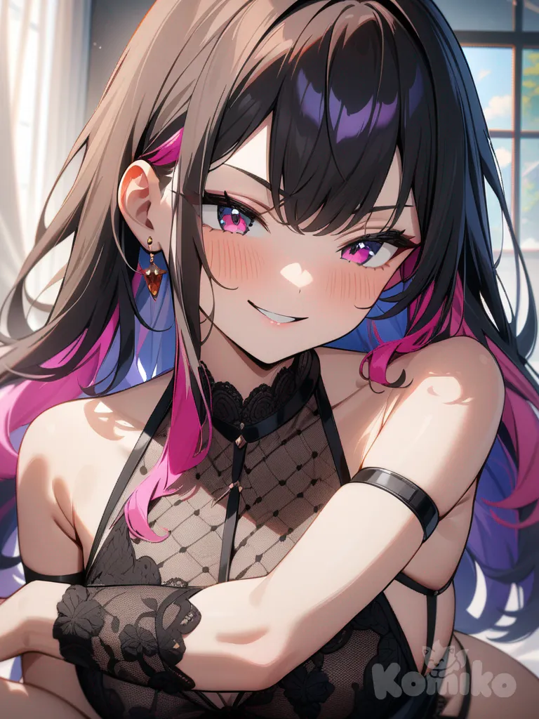 1girl, seductive pose, wearing lingerie, teasing smile, anime_style, colorful hair, ultra-