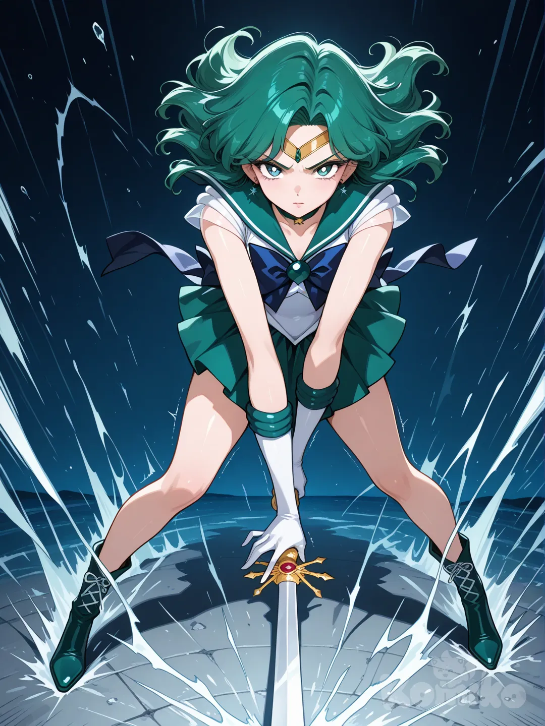 sailor neptune, sailor uranus, queen beryl, incoming attack, deep submerge, world shaking, sailor senshi attack, looking at viewer, full body