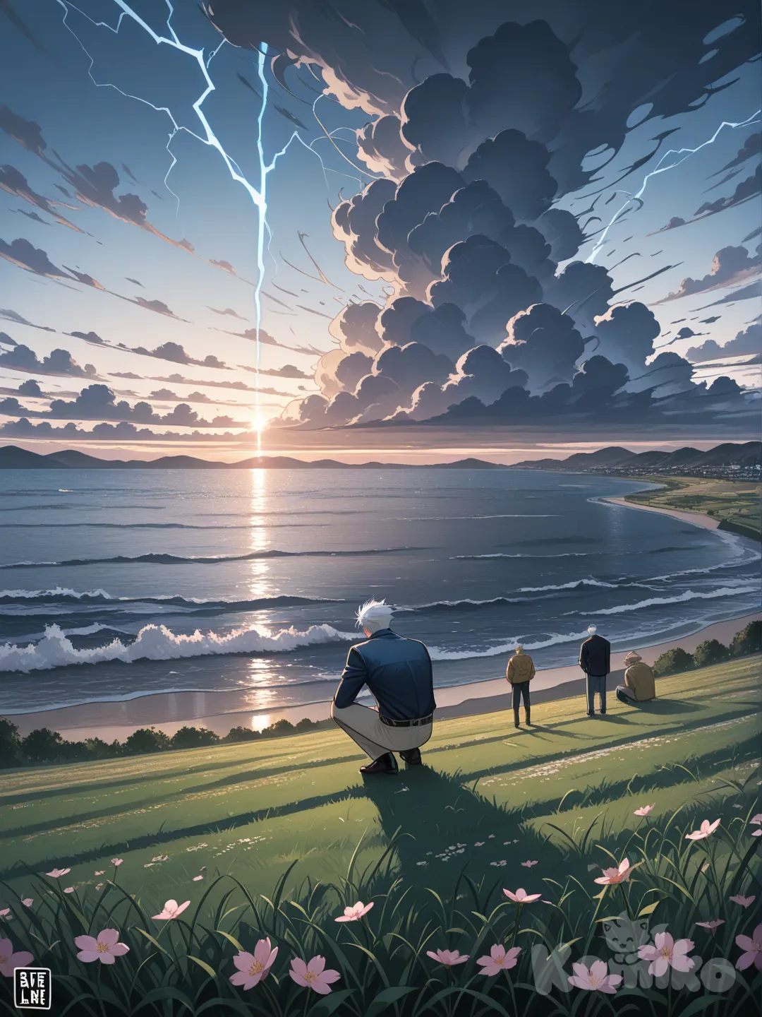 @Gojou_Satoru, @Nanami_Kento, depressed, angry, fight each other, solar, thunder, ocean, china, sakura flower, ultra-wide shot, grassland, cafe