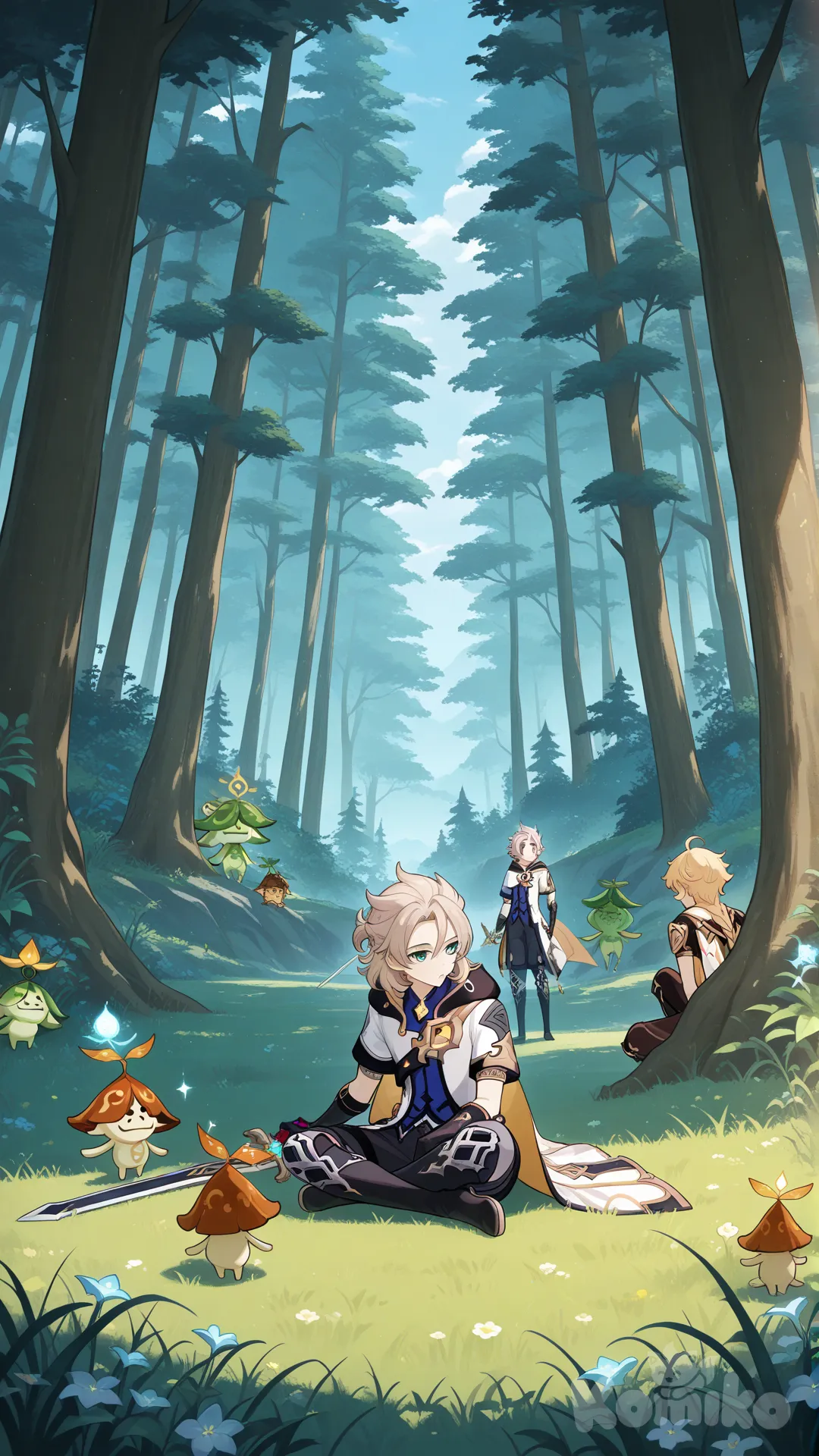 @Aether_(Genshin_Impact), @Albedo_(Genshin_Impact), @Aranara_(Genshin_Impact), holding sword, sitting on the ground, looking away