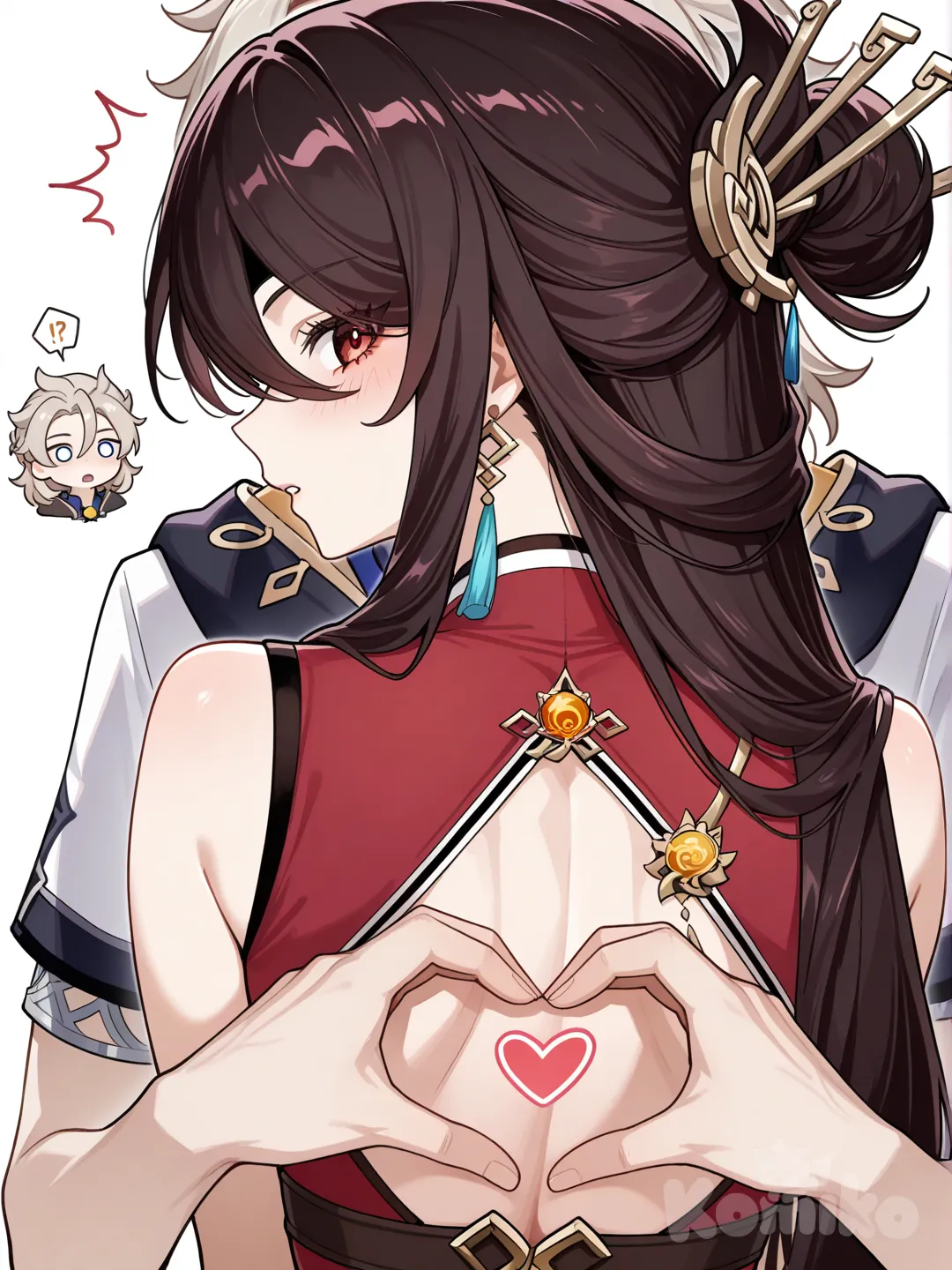 @Beidou_(Genshin_Impact), @Albedo_(Genshin_Impact), heart hands, shocked, gathering together, back to back