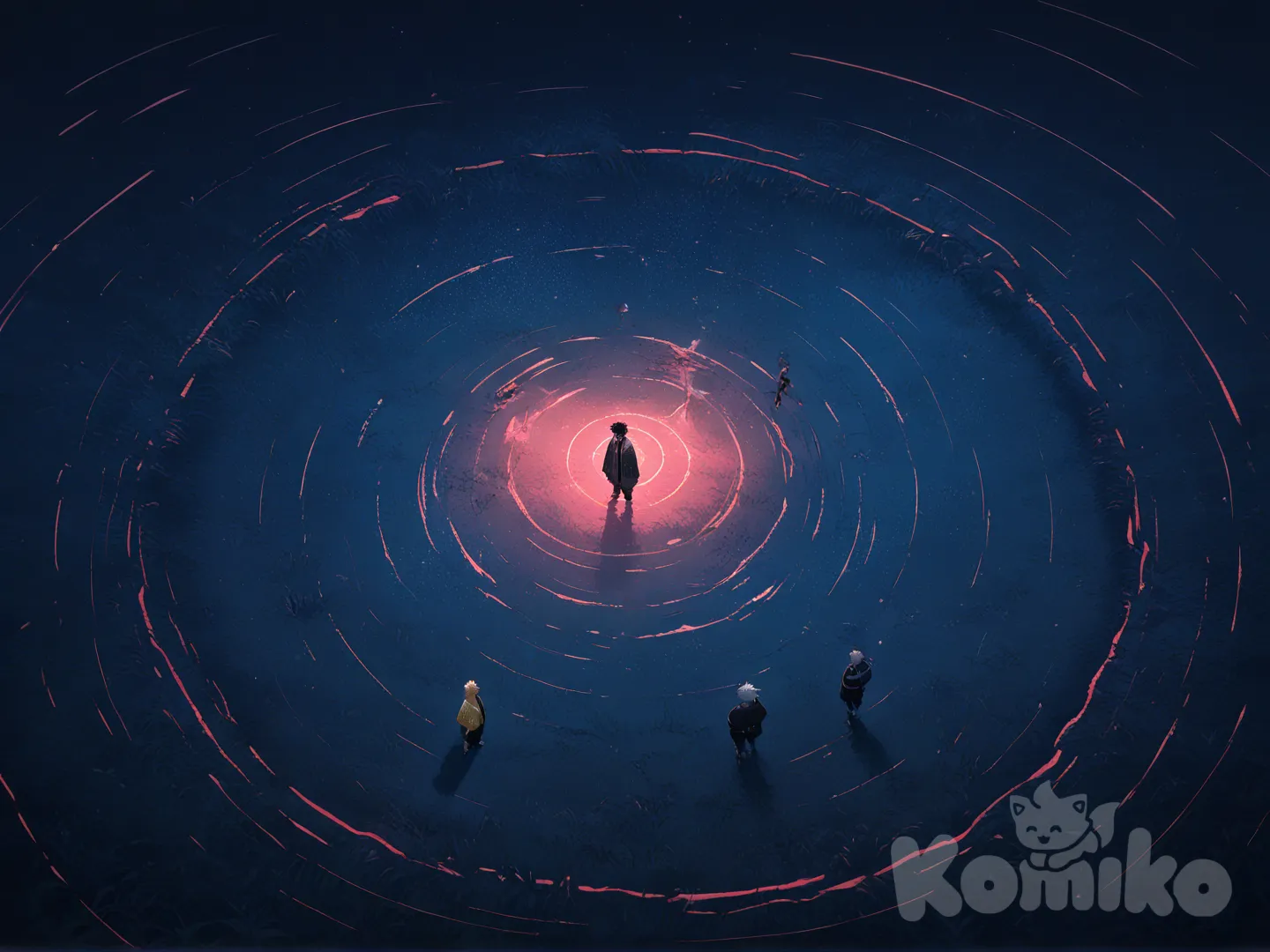 @Shinazugawa_Sanemi, @Kamado_Tanjirou, @Agatsuma_Zenitsu, expressionless, laughing, angry, ultra-wide shot, bird's-eye view, full body, neon lights, grassland