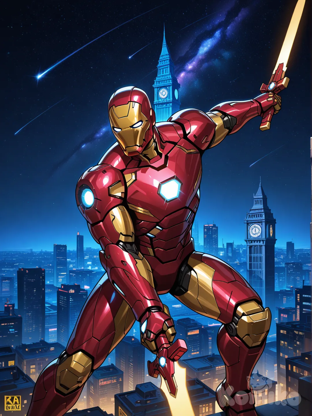 @Iron_Man, holding gun, holding sword, night, neon lights, cosmic background, clock tower, skyscraper