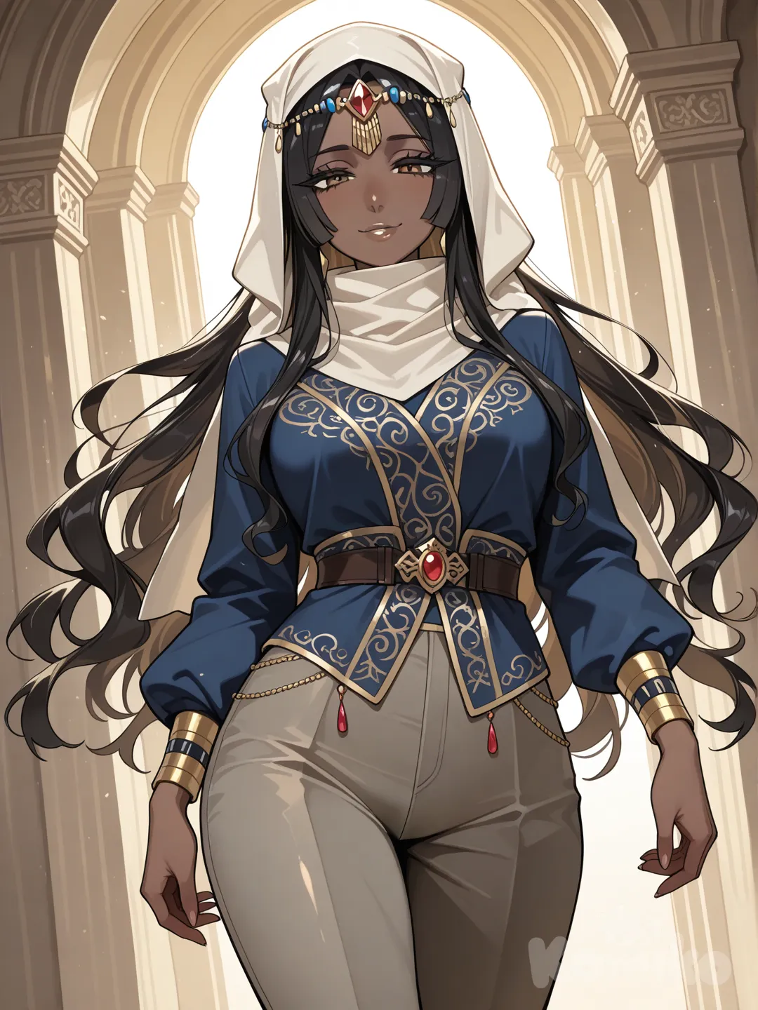 She moved with a natural grace that seemed to carry the rhythm of ancient deserts and modern cities alike. Her eyes, the deep shade of rich coffee or twilight, held stories and a keen intelligence. Framed by long, dark lashes, their gaze was both warm and penetrating. Her hair, like a cascade of dark silk, flowed in waves that caught the light, sometimes partially covered by a stylish keffiyeh or scarf that added an air of elegant mystery.Her features were striking – high cheekbones, a strong nose, and full lips that easily curved into a generous smile. The light danced on her golden-olive skin, reminiscent of sun-kissed dunes. She wore a modern, tailored abaya in a deep charcoal grey over fitted trousers, the fabric moving fluidly with her. It was an ensemble that spoke of confidence and contemporary style while honoring heritage.What was most captivating was not any single feature, but the aura she carried: one of quiet strength, self-assuredness, and a vibrant spirit that shone through. She was like a modern Scheherazade – not a mystery to be unraveled by others, but the author of her own compelling story.