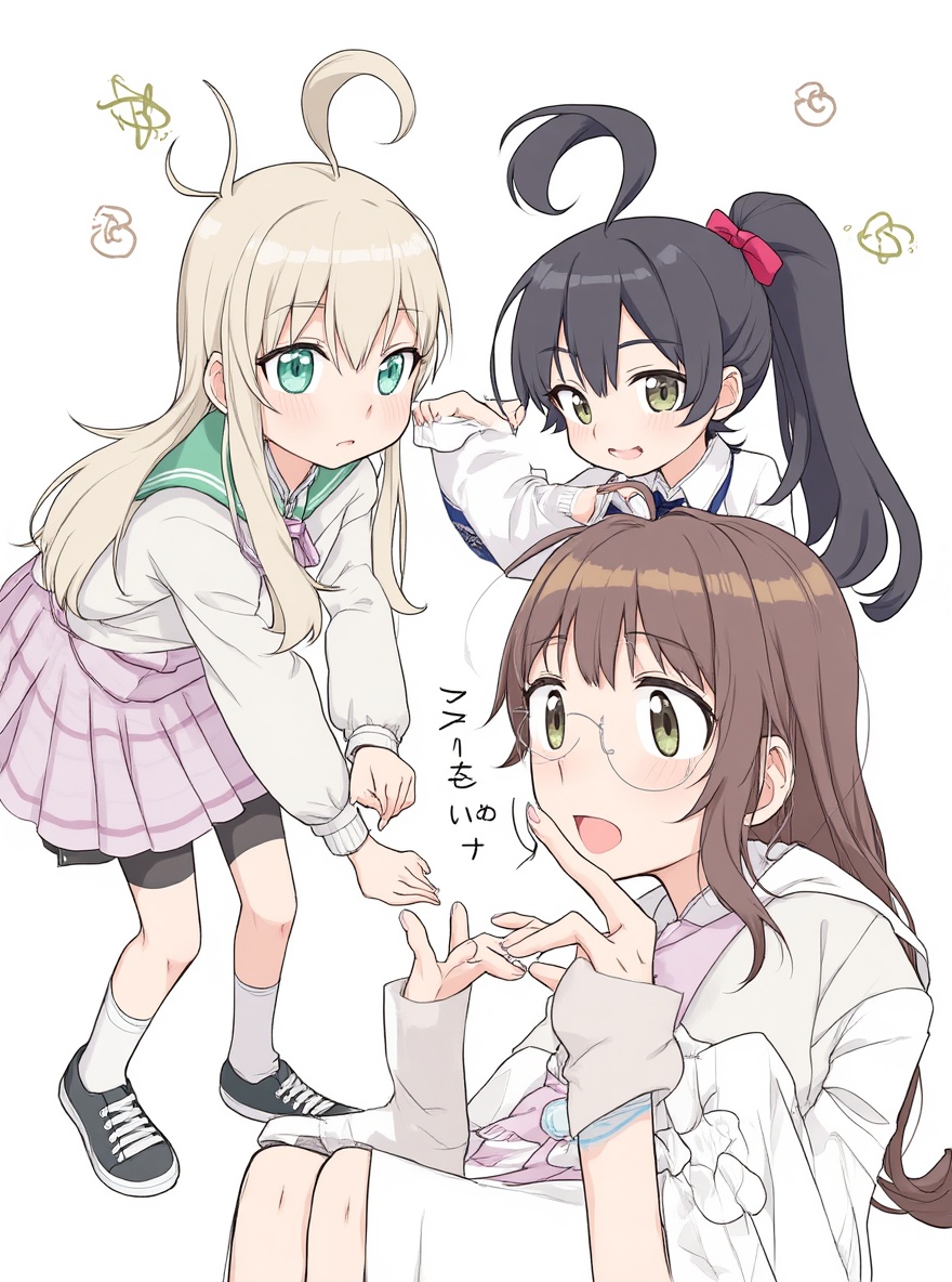 2girls, yuri, mutual_masturbation, fingering, pussy_juice, outdoors, street, daytime, full body, looking at viewer, anime style, simple background, white background