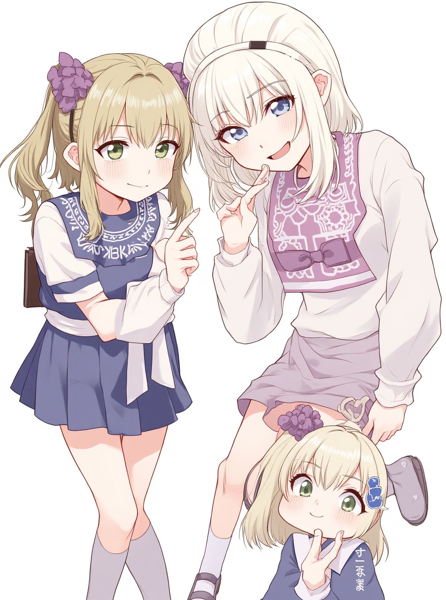 2girls, yuri, mutual_masturbation, fingering, pussy_juice, outdoors, street, daytime, full body, looking at viewer, anime style, simple background, white background